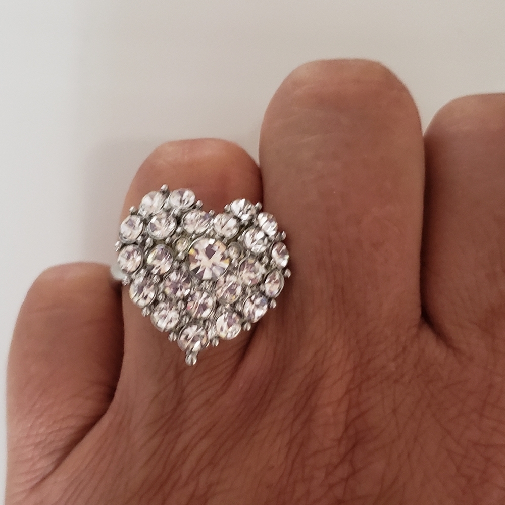 Fashion Diamond Heart Ring Silver Dipped Sparkly Shiny Stones Bling Romantic